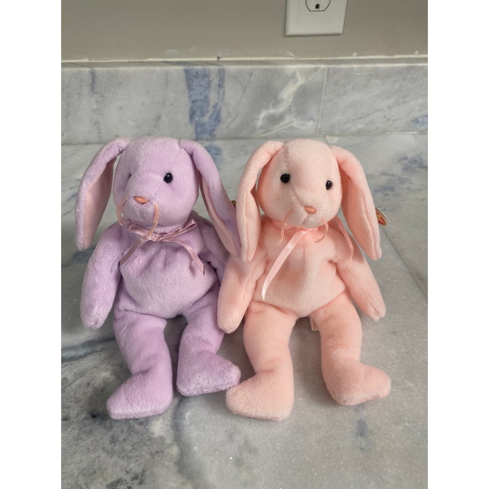 Ty Beanie Babies Floppity Hoppity Bunny Rabbit Pair Pink Purple 1996 Tagged
